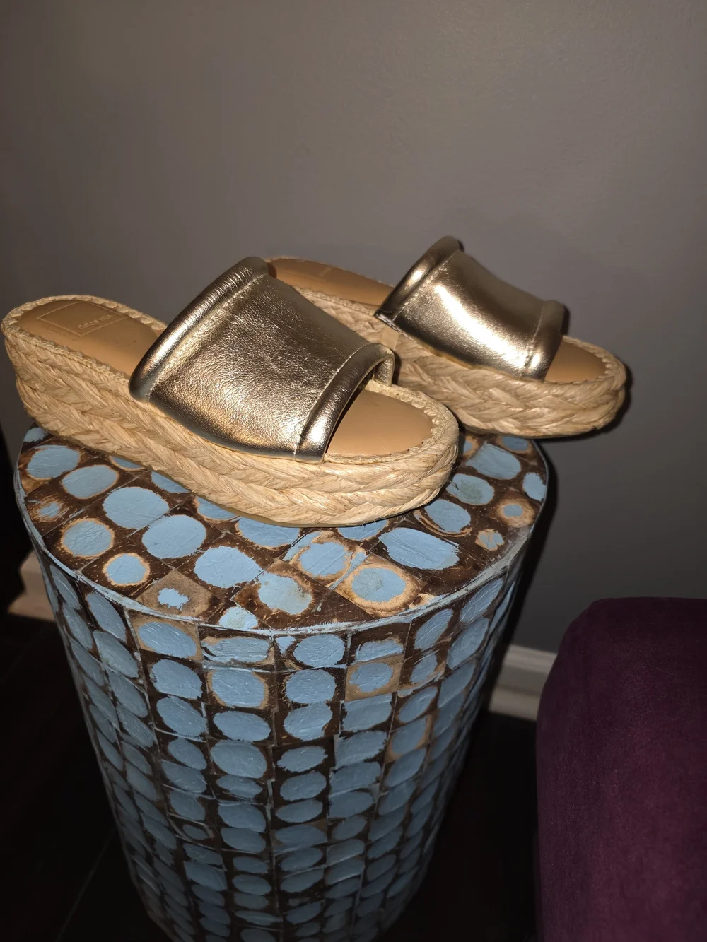 Dolce Vita Metallic Slide Espadrille Sandals in Gold Wedge